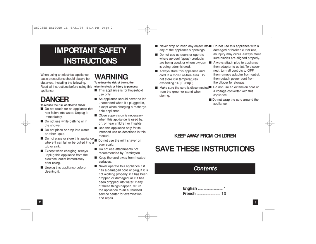 Remington BHT-2000 manual Important Safety Instructions 