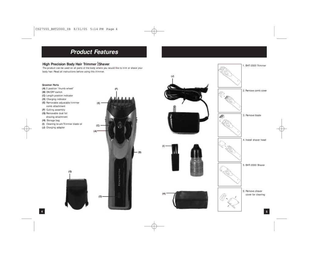 Remington BHT-2000 manual Product Features, High Precision Body Hair Trimmer Shaver 