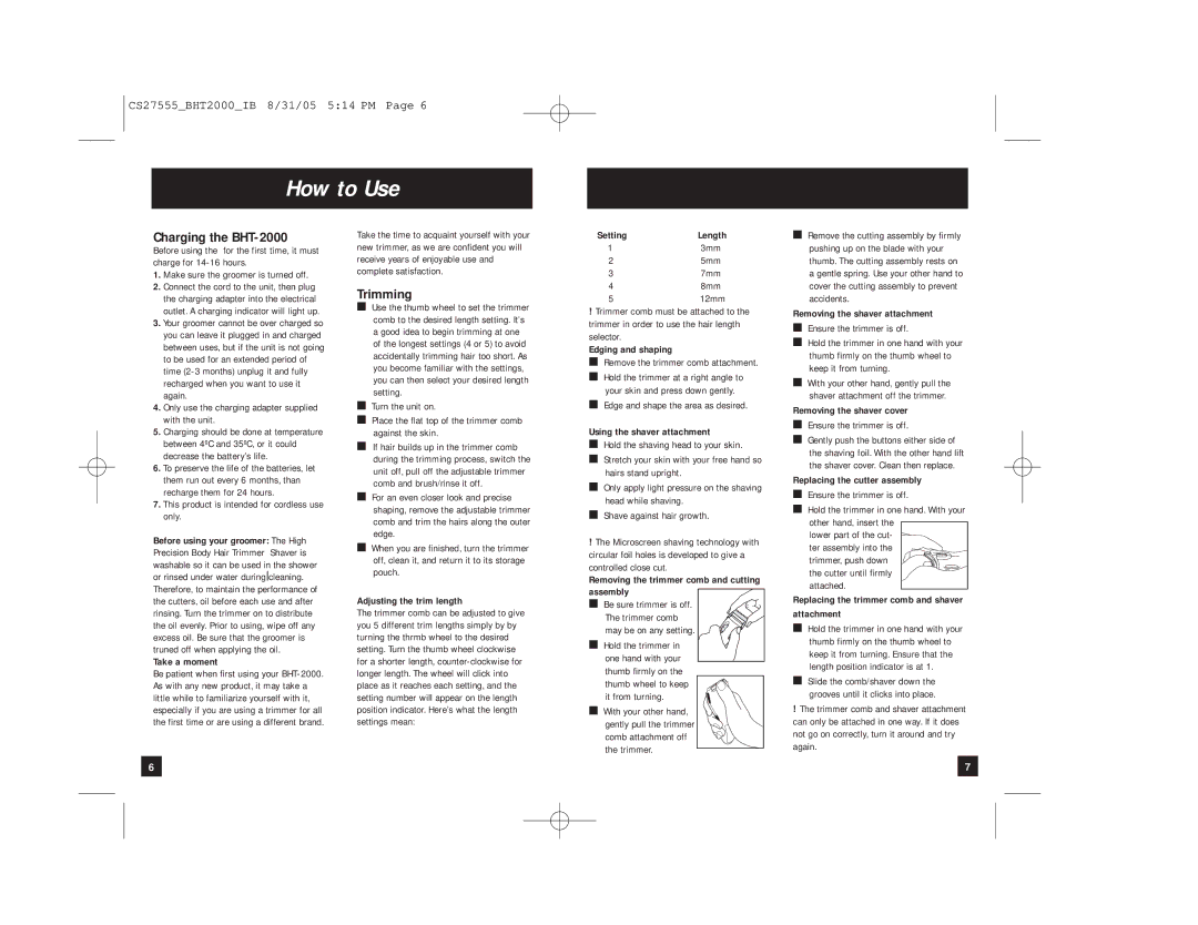 Remington manual How to Use, Charging the BHT-2000, Trimming 