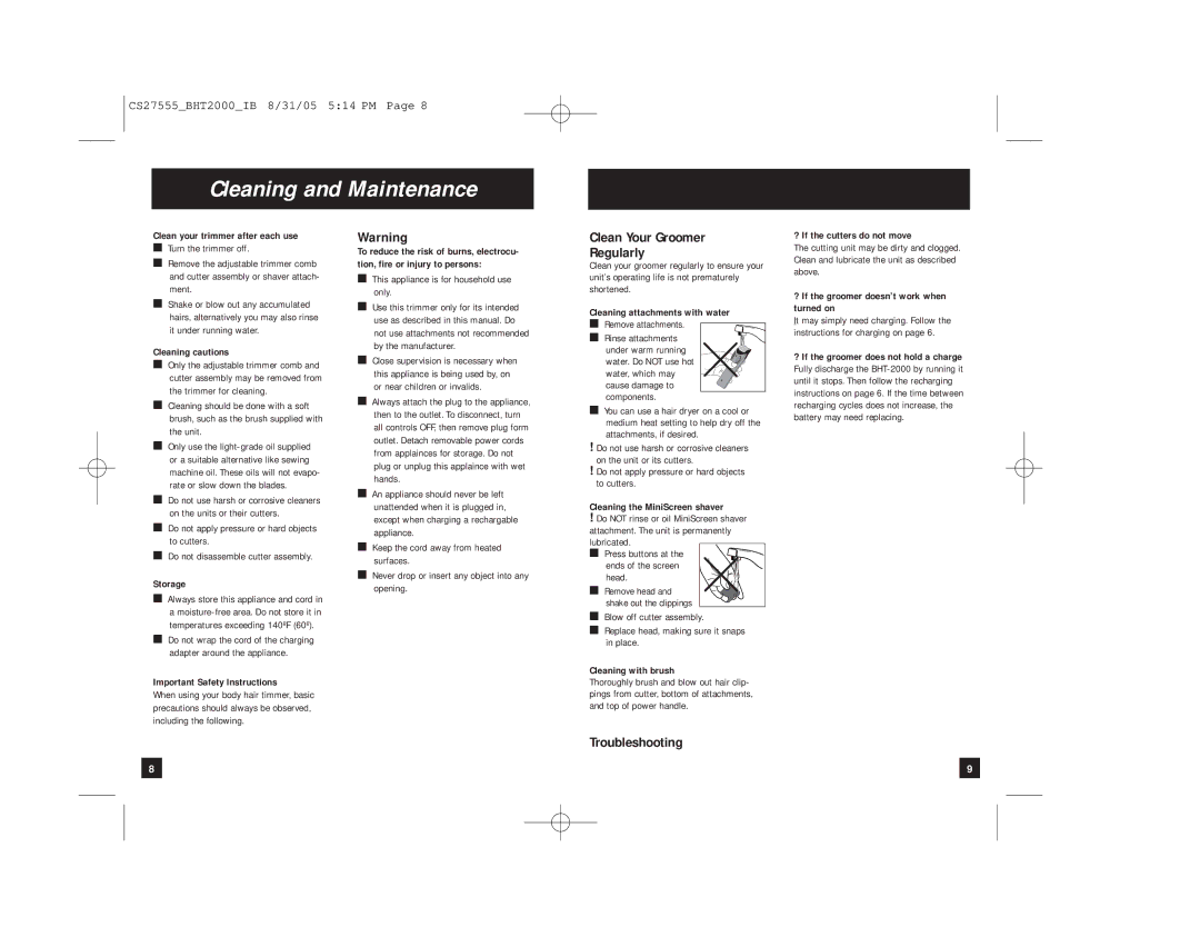 Remington BHT-2000 manual Cleaning and Maintenance, Clean Your Groomer Regularly, Troubleshooting 
