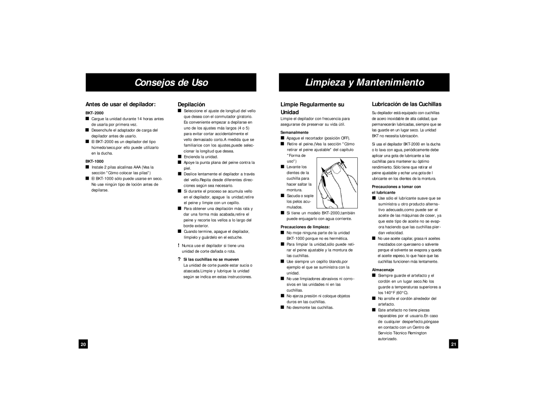 Remington BKT-1000, BKT-2000 manual Consejos de Uso Limpieza y Mantenimiento, Antes de usar el depilador, Depilación 