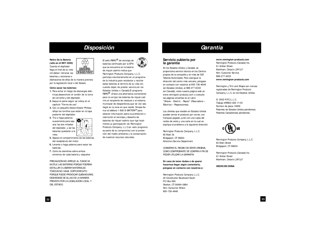 Remington BKT-1000, BKT-2000 manual Disposición Garantía, Servicio cubierto por la garantía, Cómo sacar las baterías 