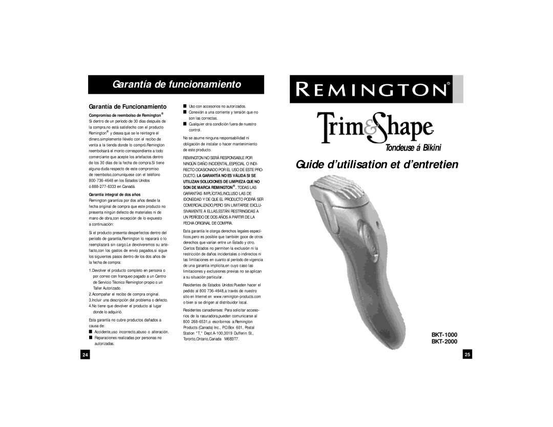 Remington BKT-1000, BKT-2000 Garantía de funcionamiento, Garantía de Funcionamiento, Compromiso de reembolso de Remington 