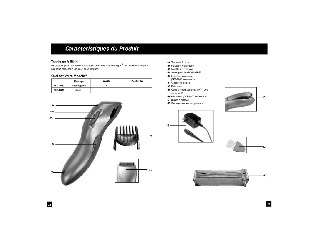 Remington BKT-1000, BKT-2000 manual Caractéristiques du Produit, Tondeuse à Bikini, Quel est Votre Modèle?, BKT-1000 Pile 