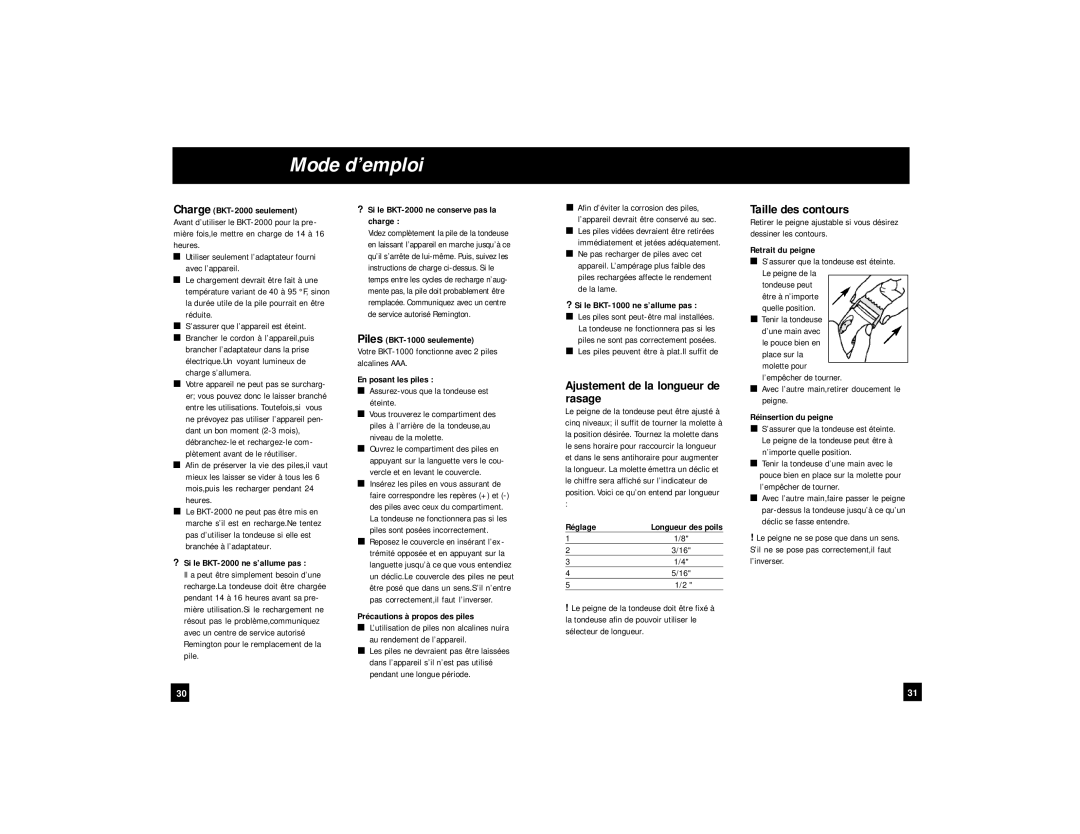 Remington BKT-1000, BKT-2000 manual Mode d’emploi, Rasage, Taille des contours 