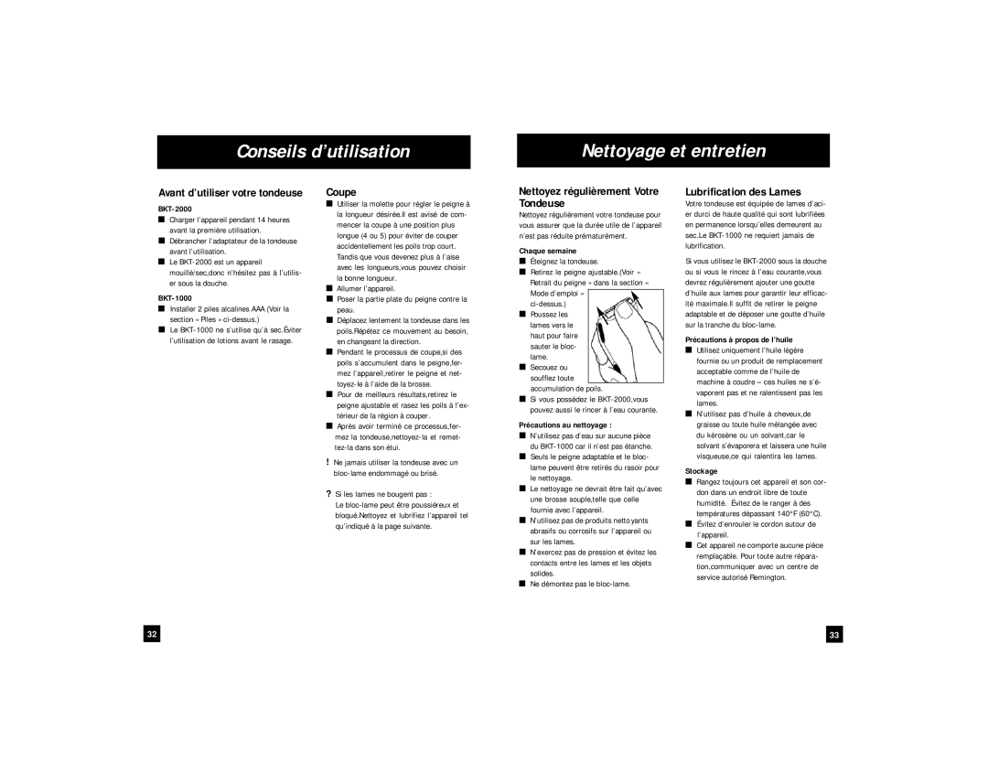 Remington BKT-1000, BKT-2000 manual Conseils d’utilisation Nettoyage et entretien, Coupe, Tondeuse, Lubrification des Lames 