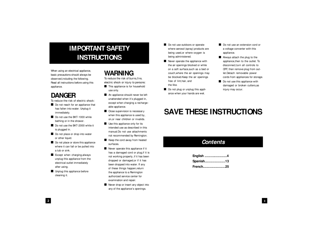 Remington BKT-1000, BKT-2000 manual English 