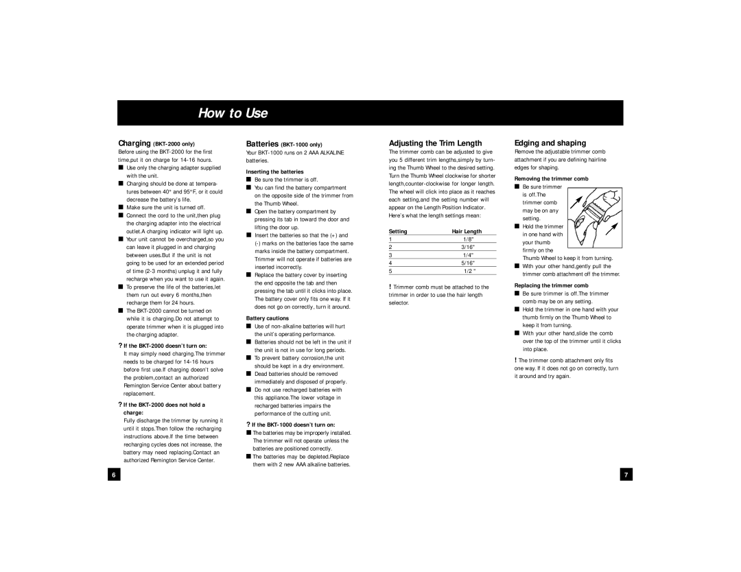 Remington BKT-1000, BKT-2000 manual How to Use, Adjusting the Trim Length, Edging and shaping 