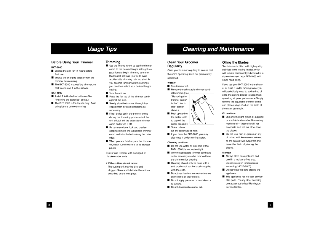 Remington BKT-1000, BKT-2000 Usage Tips Cleaning and Maintenance, Before Using Your Trimmer, Trimming, Oiling the Blades 