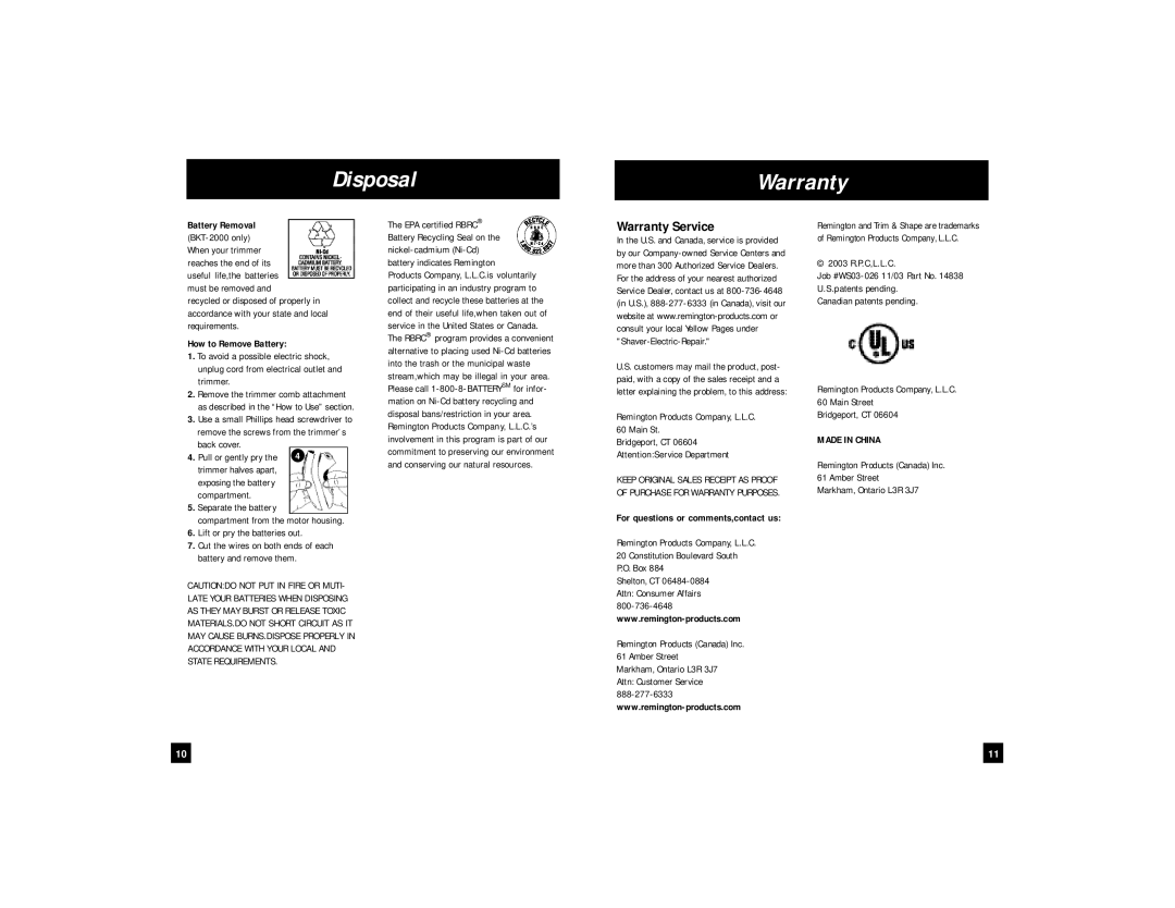 Remington BKT-1000, BKT-2000 manual Disposal Warranty, Warranty Service, Battery Removal, How to Remove Battery 