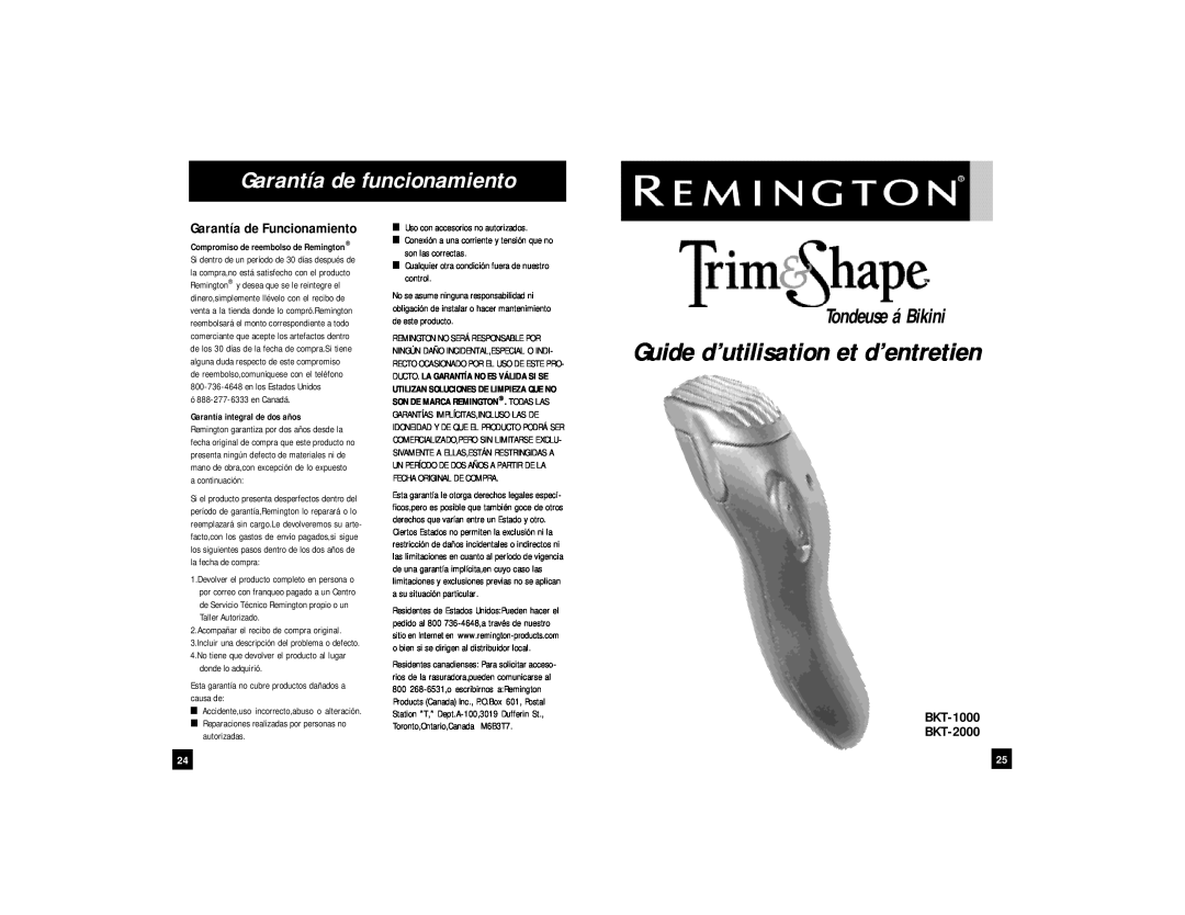 Remington BKT-1000, BKT-2000 manual Guide d’utilisation et d’entretien, Garantía de funcionamiento, Tondeuse á Bikini 