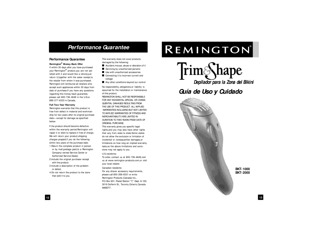 Remington BKT-1000, BKT-2000 manual Guía de Uso y Cuidado, Performance Guarantee, Depilador para la Zona del Bikini 