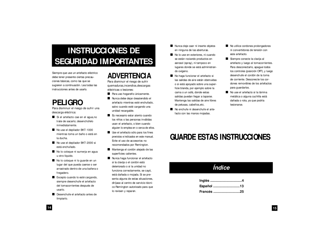 Remington BKT-1000, BKT-2000 manual Instrucciones De, Guarde Estas Instrucciones, Peligro, Advertencia, Índice, Español 