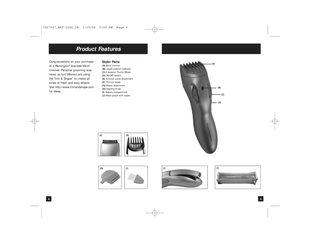 Remington BKT-1500 manual Product Features, Styler Parts 