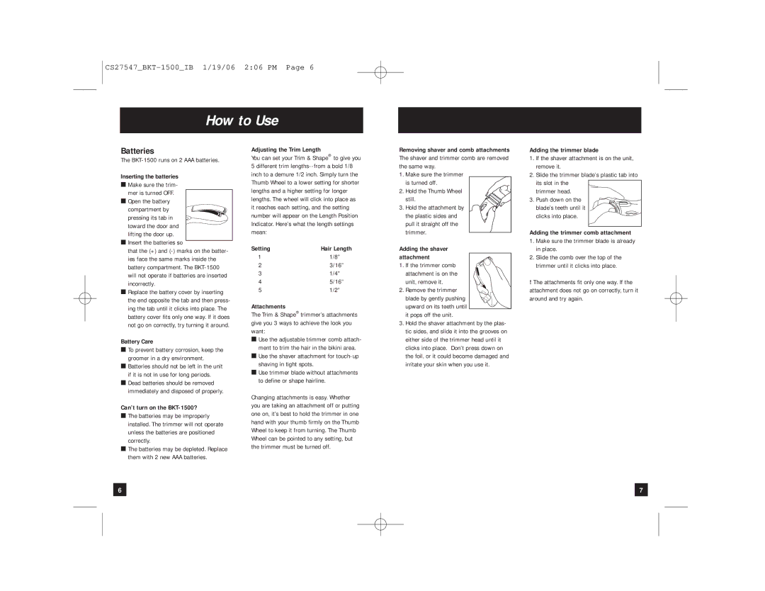 Remington BKT-1500 manual How to Use, Batteries 