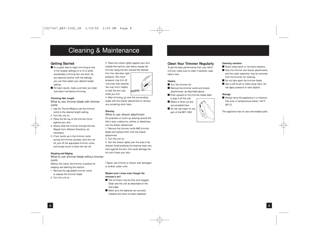 Remington BKT-1500 manual Cleaning & Maintenance, Getting Started 