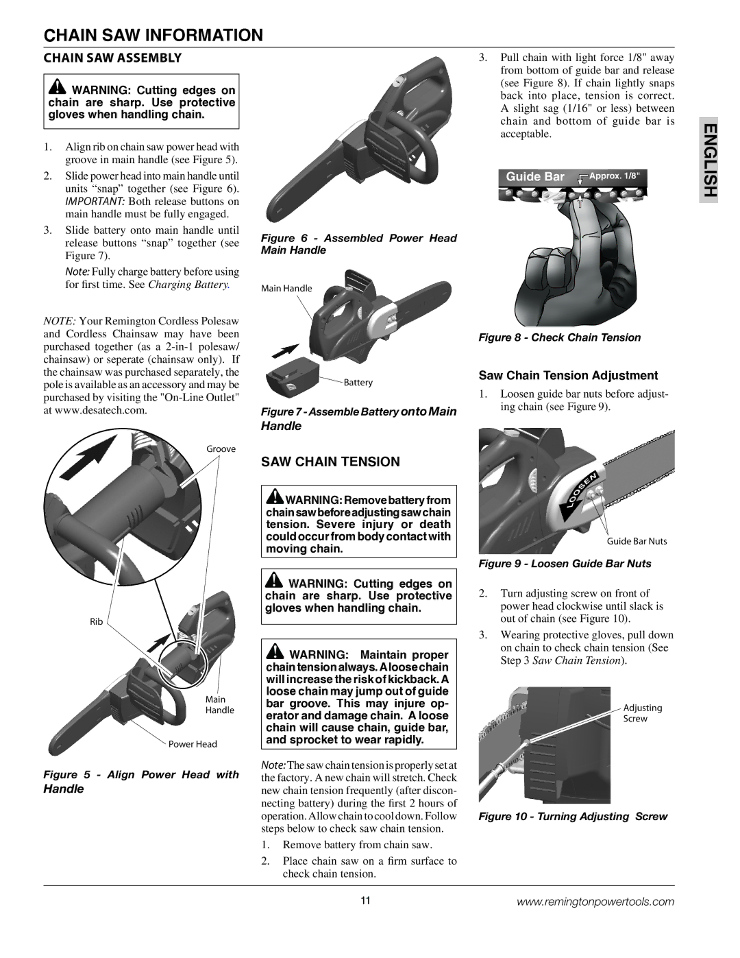 Remington BS188A, BPS188A Chain SAW Information, Chain SAW Assembly, SAW Chain Tension, Saw Chain Tension Adjustment 