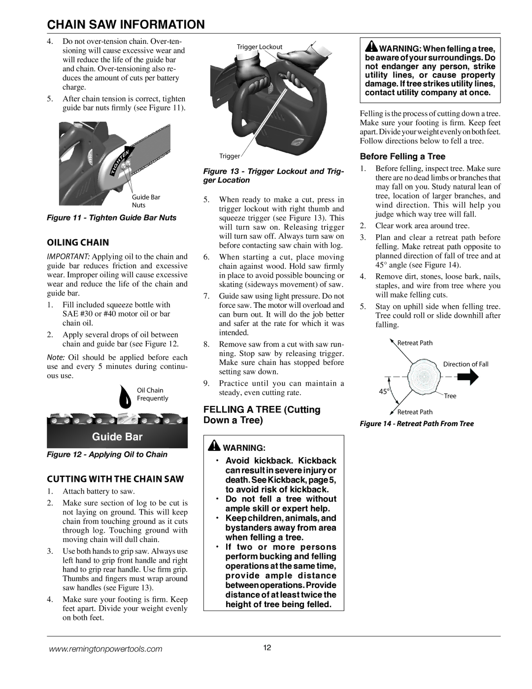 Remington BPS188A, BS188A owner manual Oiling Chain, Cutting with the Chain SAW, Before Felling a Tree 