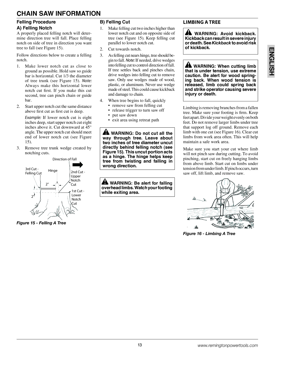 Remington BS188A, BPS188A owner manual Limbing a Tree, Felling Procedure Felling Notch, Felling Cut, Cut towards notch 