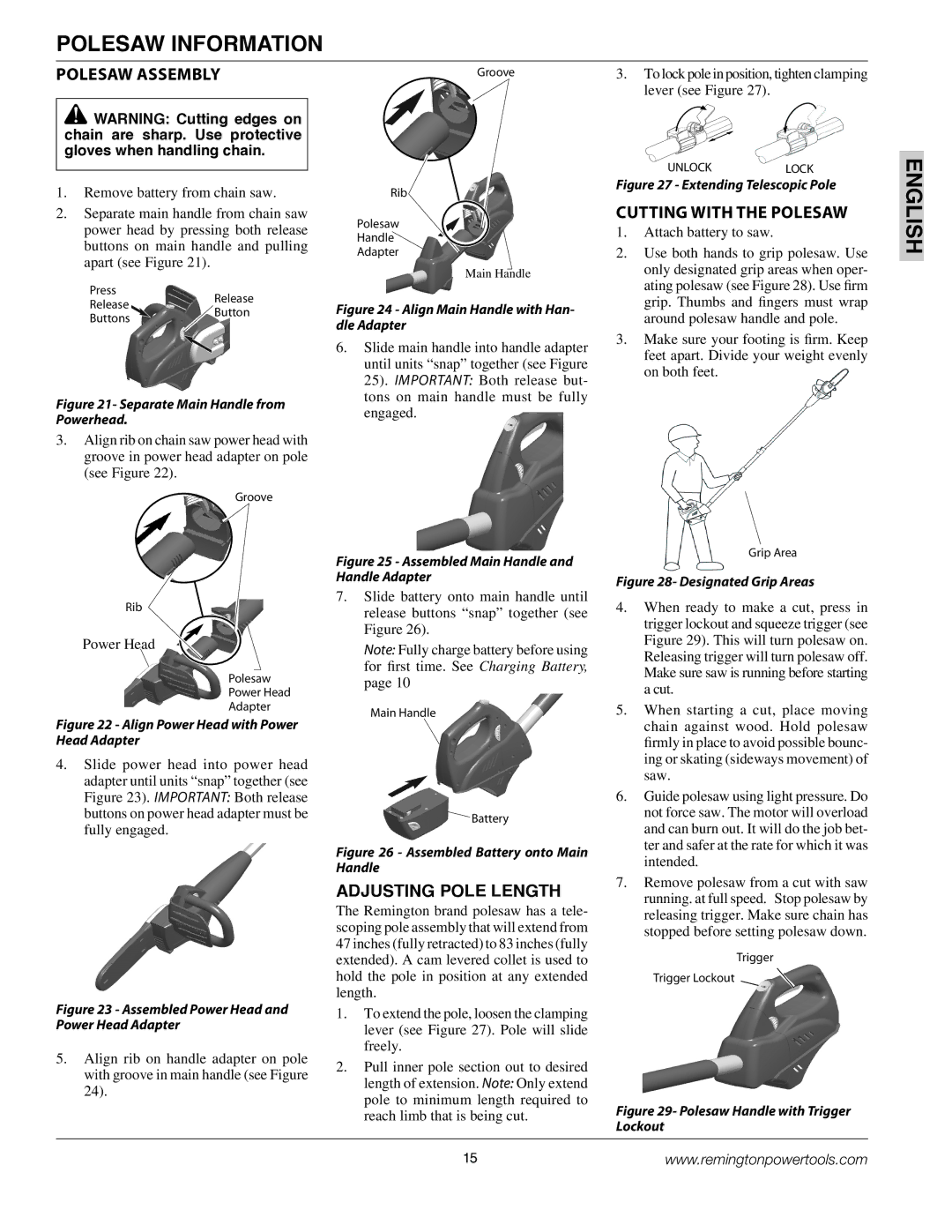 Remington BS188A, BPS188A Polesaw Information, Polesaw Assembly, Adjusting Pole Length, Cutting with the Polesaw 