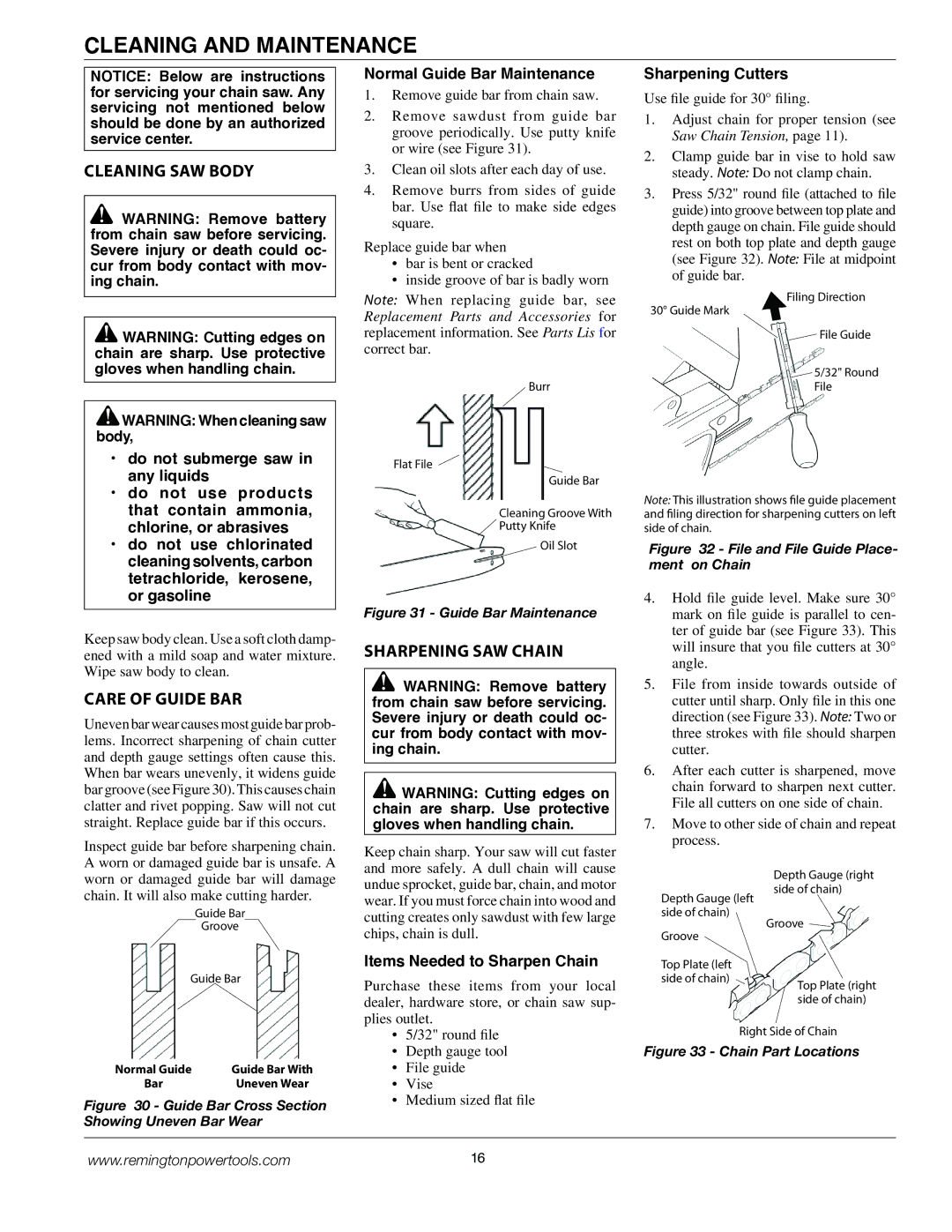 Remington BPS188A, BS188A owner manual Cleaning and Maintenance, Cleaning SAW Body, Care of Guide BAR, Sharpening SAW Chain 