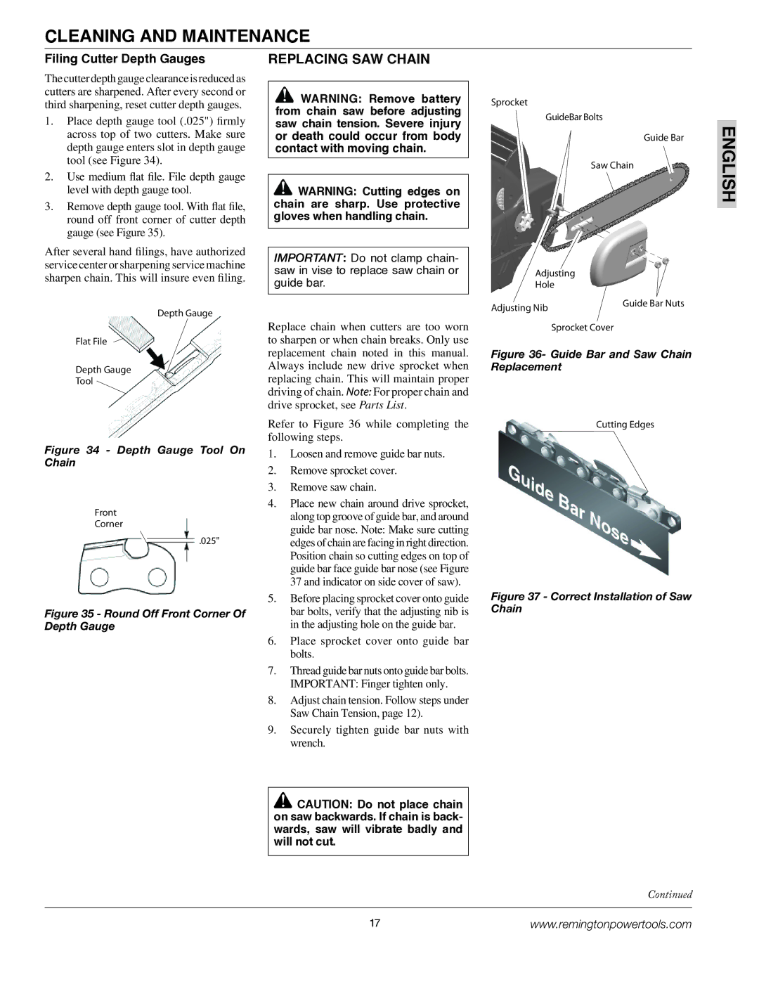 Remington BS188A, BPS188A Replacing SAW Chain, Filing Cutter Depth Gauges, Place sprocket cover onto guide bar bolts 