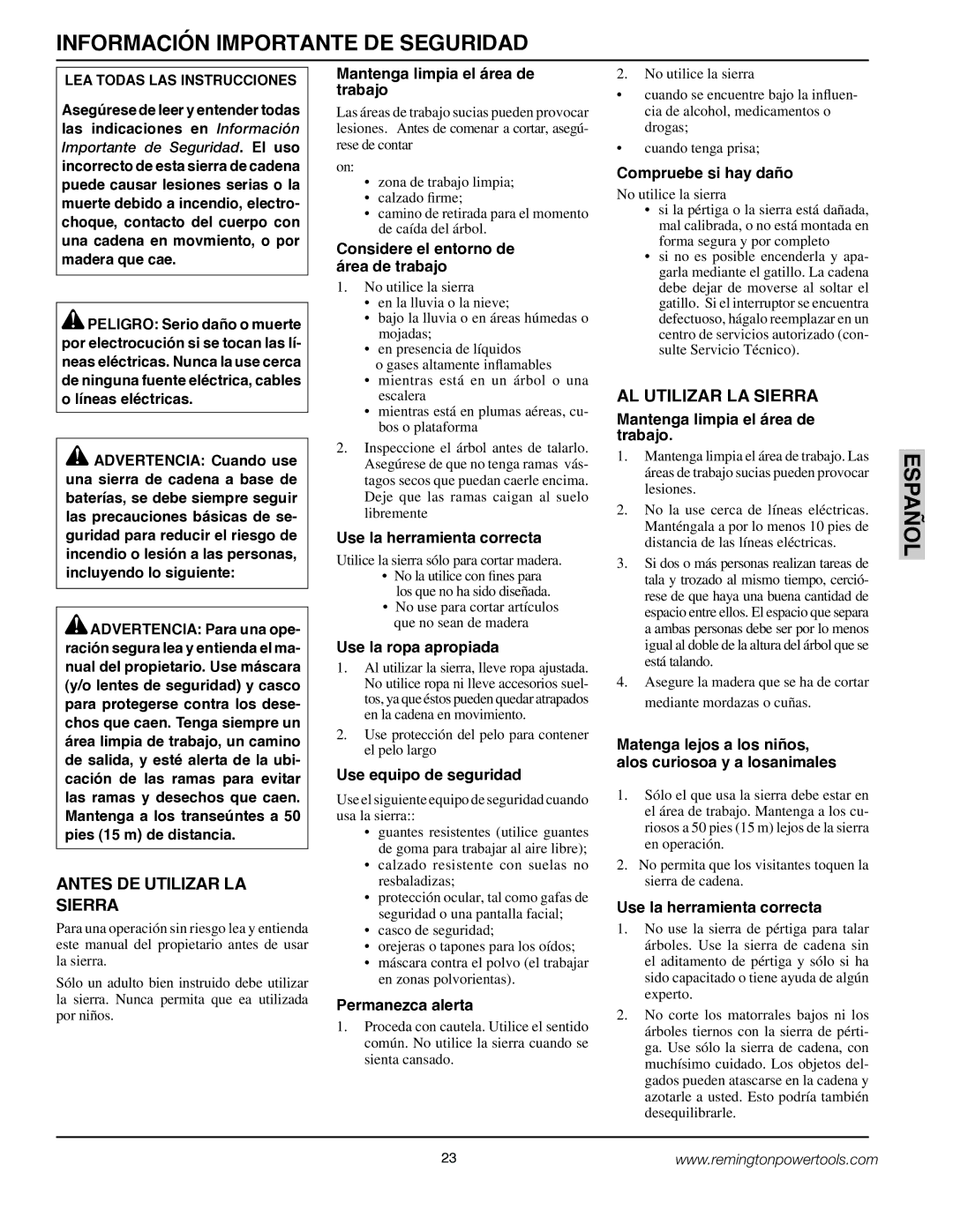 Remington BS188A, BPS188A Información Importante DE Seguridad, Antes DE Utilizar LA Sierra, AL Utilizar LA Sierra 