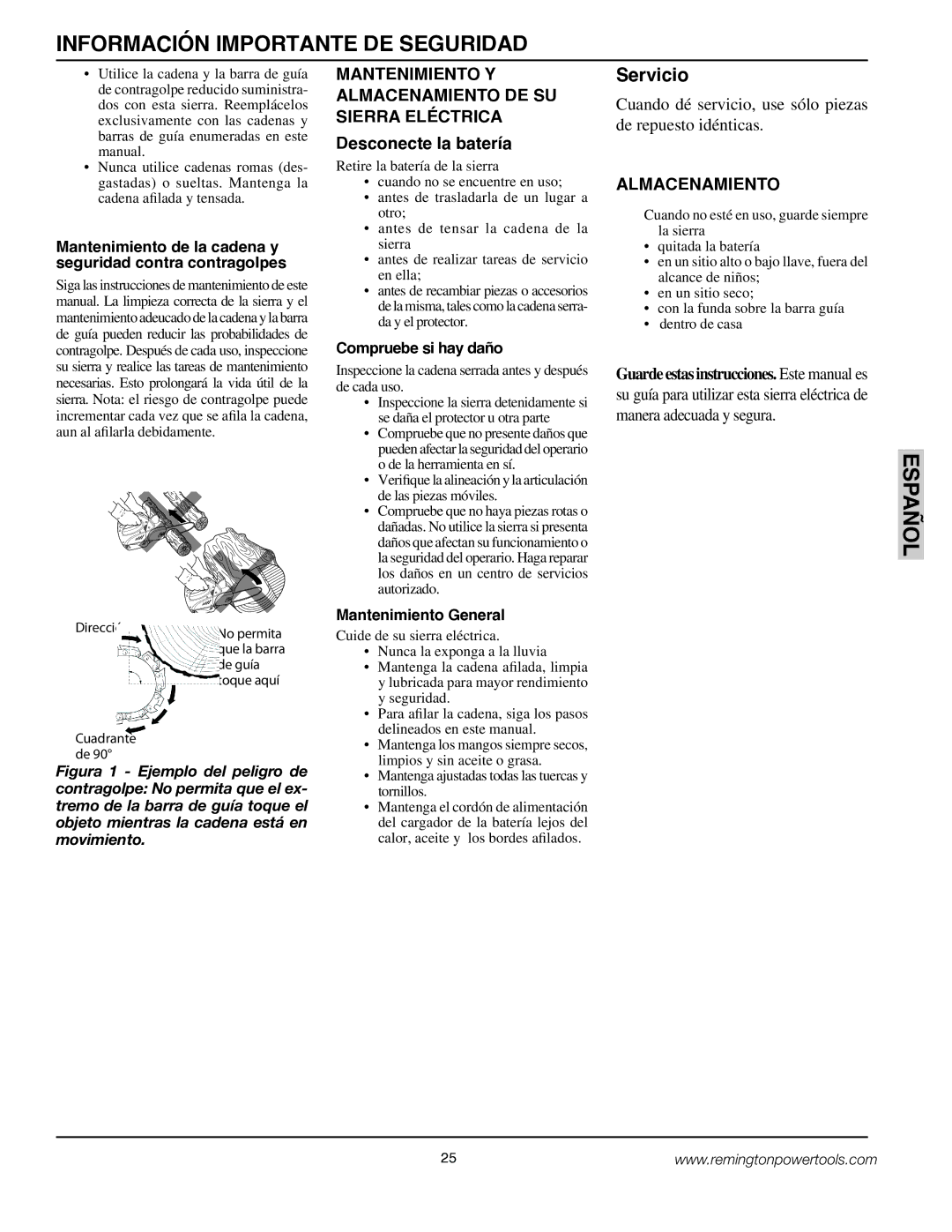 Remington BS188A, BPS188A owner manual Mantenimiento Y Almacenamiento DE SU Sierra Eléctrica, Mantenimiento General 