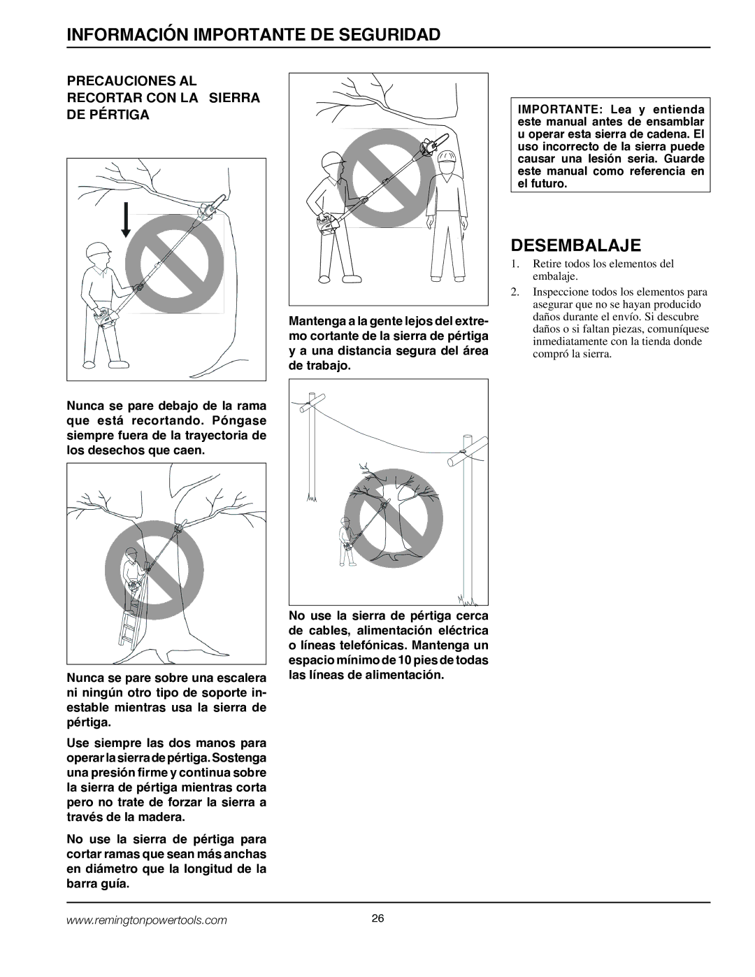 Remington BPS188A, BS188A owner manual Desembalaje, Precauciones AL Recortar CON LA Sierra DE Pértiga 