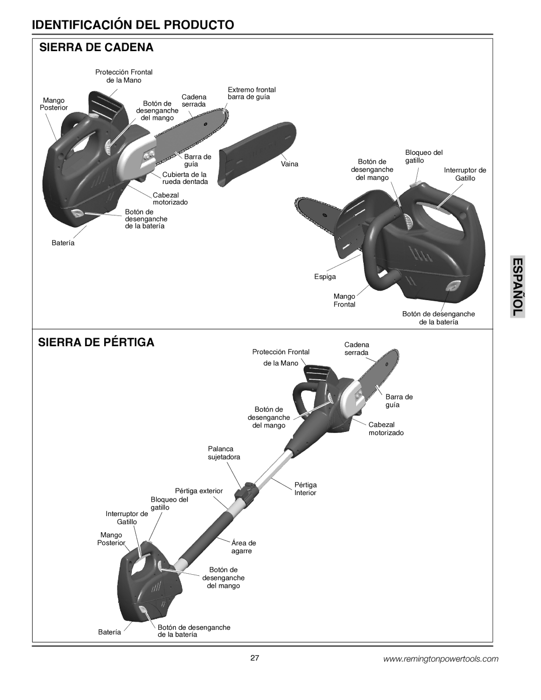 Remington BS188A, BPS188A owner manual Identificación DEL Producto, Sierra DE Cadena 