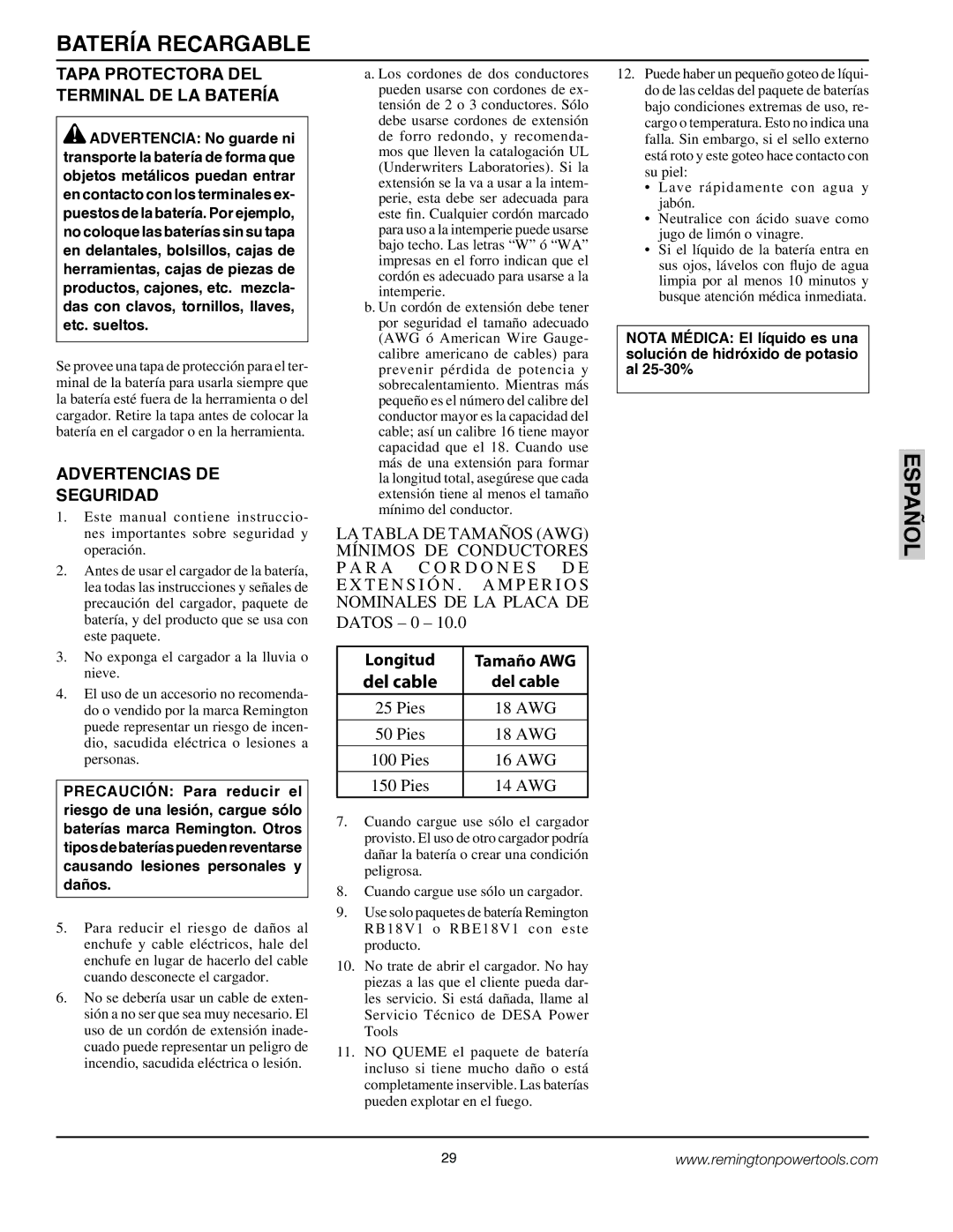 Remington BS188A, BPS188A Batería Recargable, Tapa Protectora DEL Terminal DE LA Batería, Advertencias DE Seguridad 