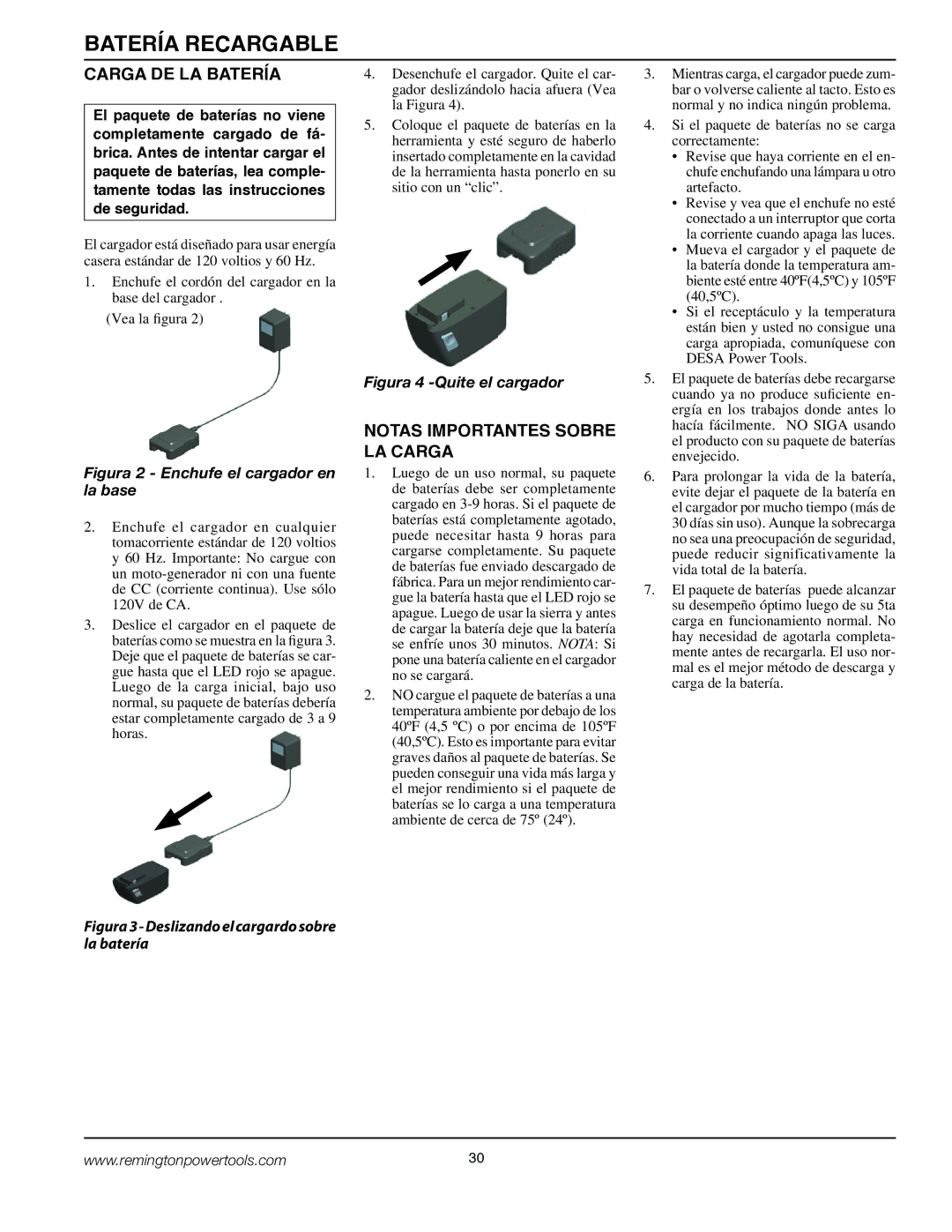 Remington BPS188A, BS188A owner manual Carga DE LA Batería, Notas Importantes Sobre LA Carga 