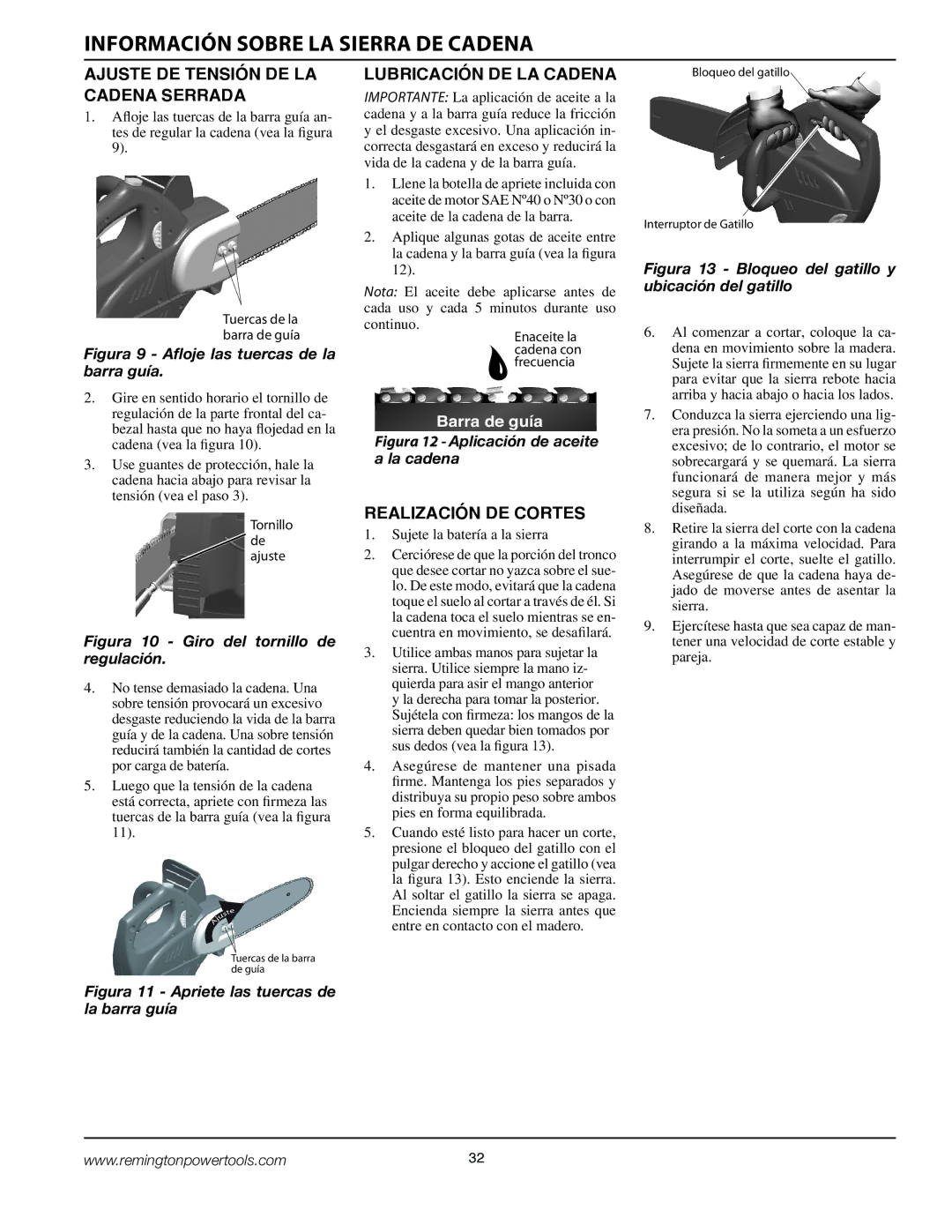 Remington BPS188A, BS188A Ajuste DE Tensión DE LA Cadena Serrada, Lubricación DE LA Cadena, Realización DE Cortes 