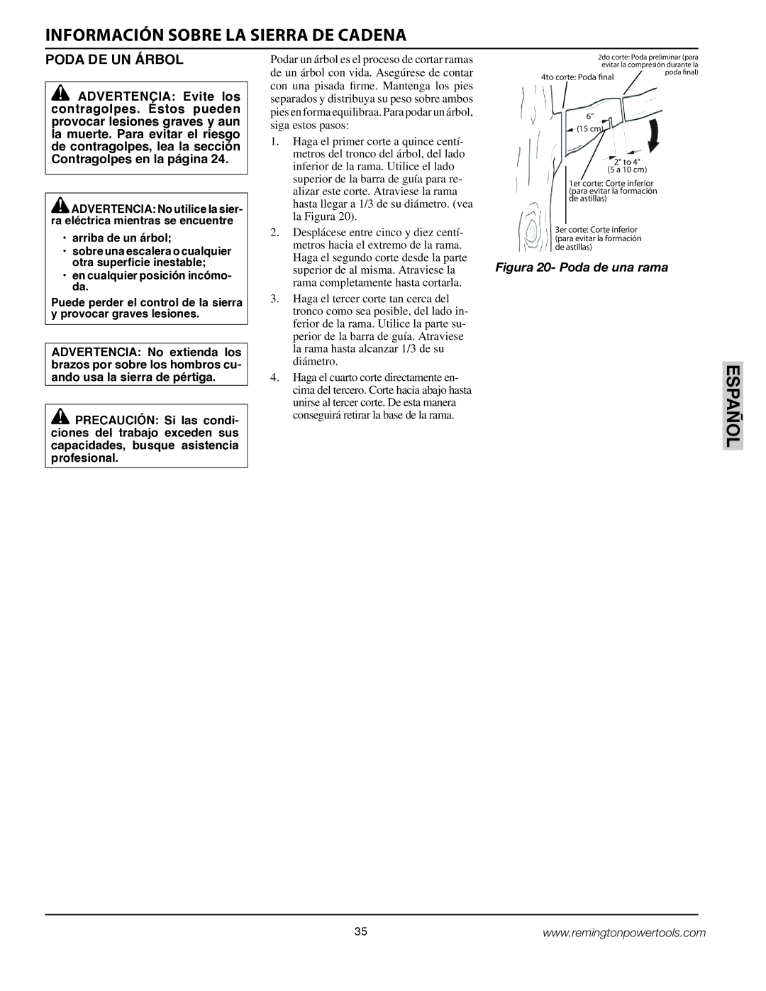 Remington BS188A, BPS188A owner manual Poda DE UN Árbol, Podar un árbol es el proceso de cortar ramas 