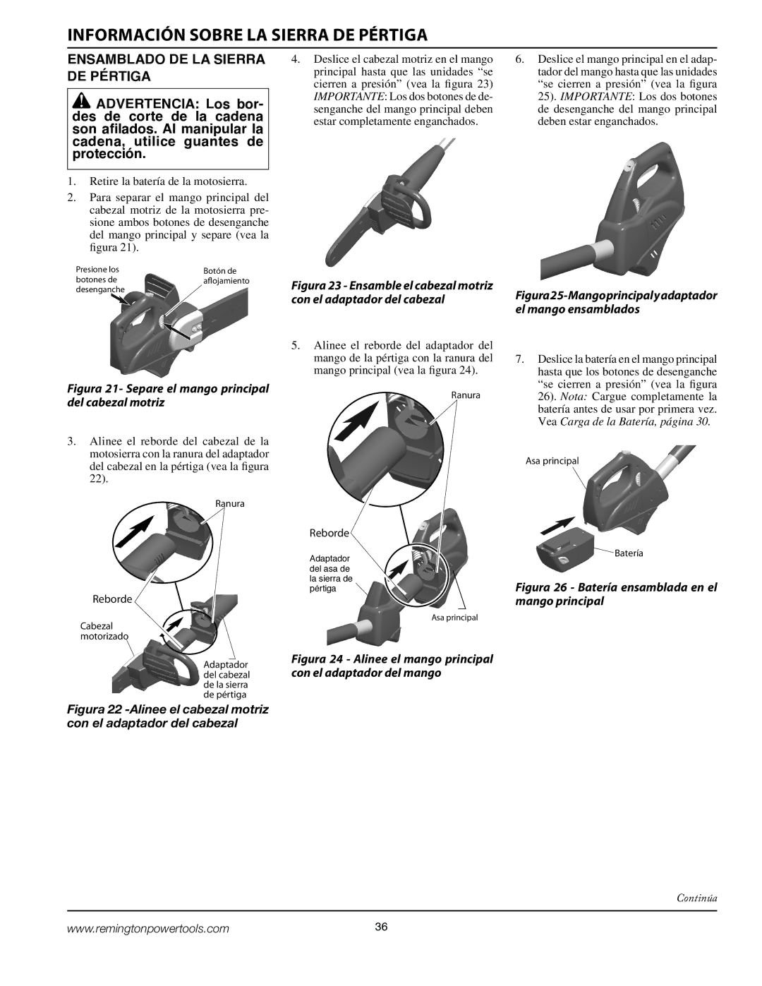 Remington BPS188A, BS188A owner manual Información Sobre LA Sierra DE Pértiga, Ensamblado DE LA Sierra DE Pértiga 