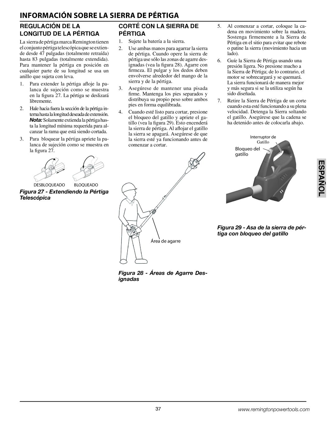 Remington BS188A, BPS188A owner manual Regulación DE LA Longitud DE LA Pértiga, Corté CON LA Sierra DE Pértiga 