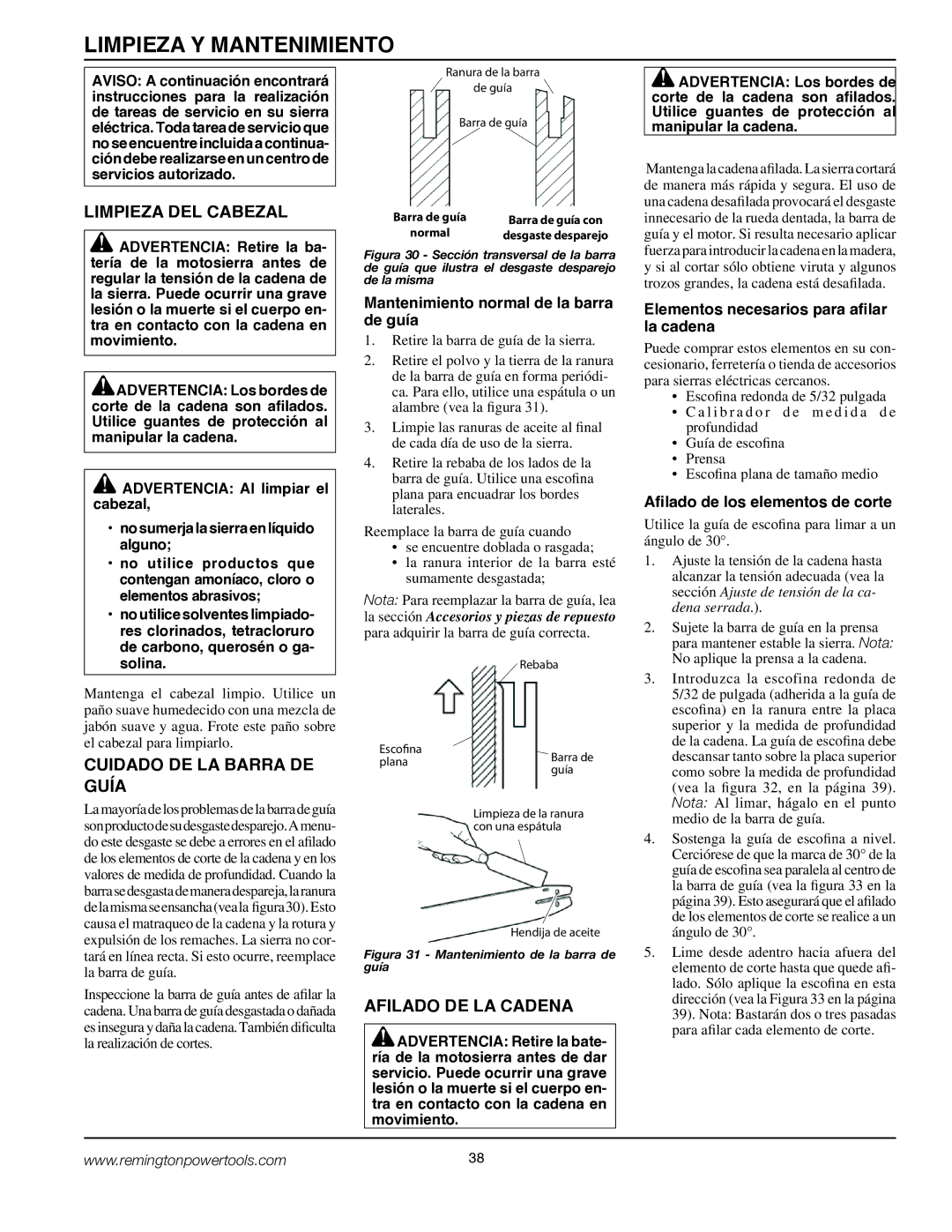 Remington BPS188A Limpieza Y Mantenimiento, Limpieza DEL Cabezal, Cuidado DE LA Barra DE Guía, Afilado DE LA Cadena 