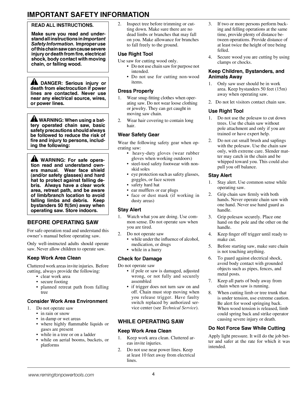 Remington BPS188A, BS188A owner manual Important Safety Information, Before Operating SAW, While Operating SAW 