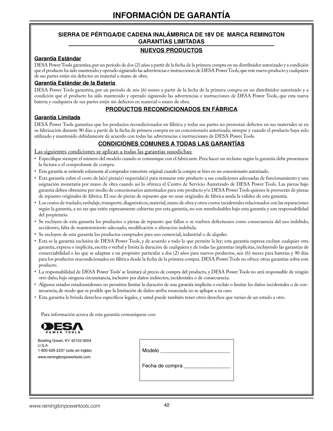 Remington BPS188A, BS188A owner manual Garantía Estándar de la Batería, Garantía Limitada, Modelo Fecha de compra 