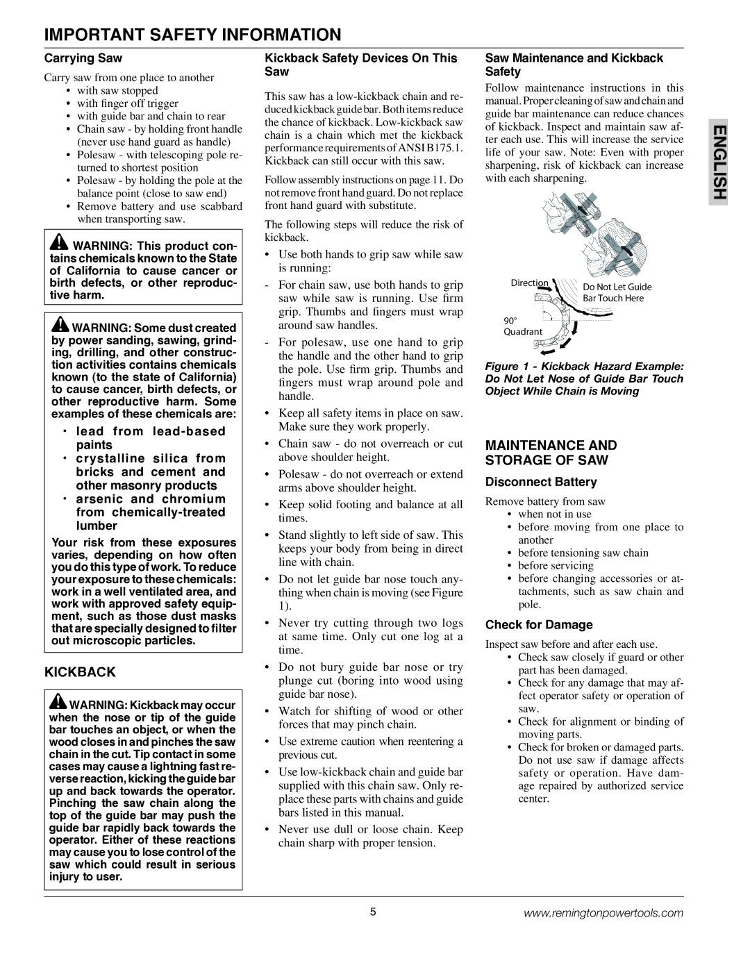 Remington BS188A, BPS188A owner manual Kickback, Maintenance Storage of SAW 