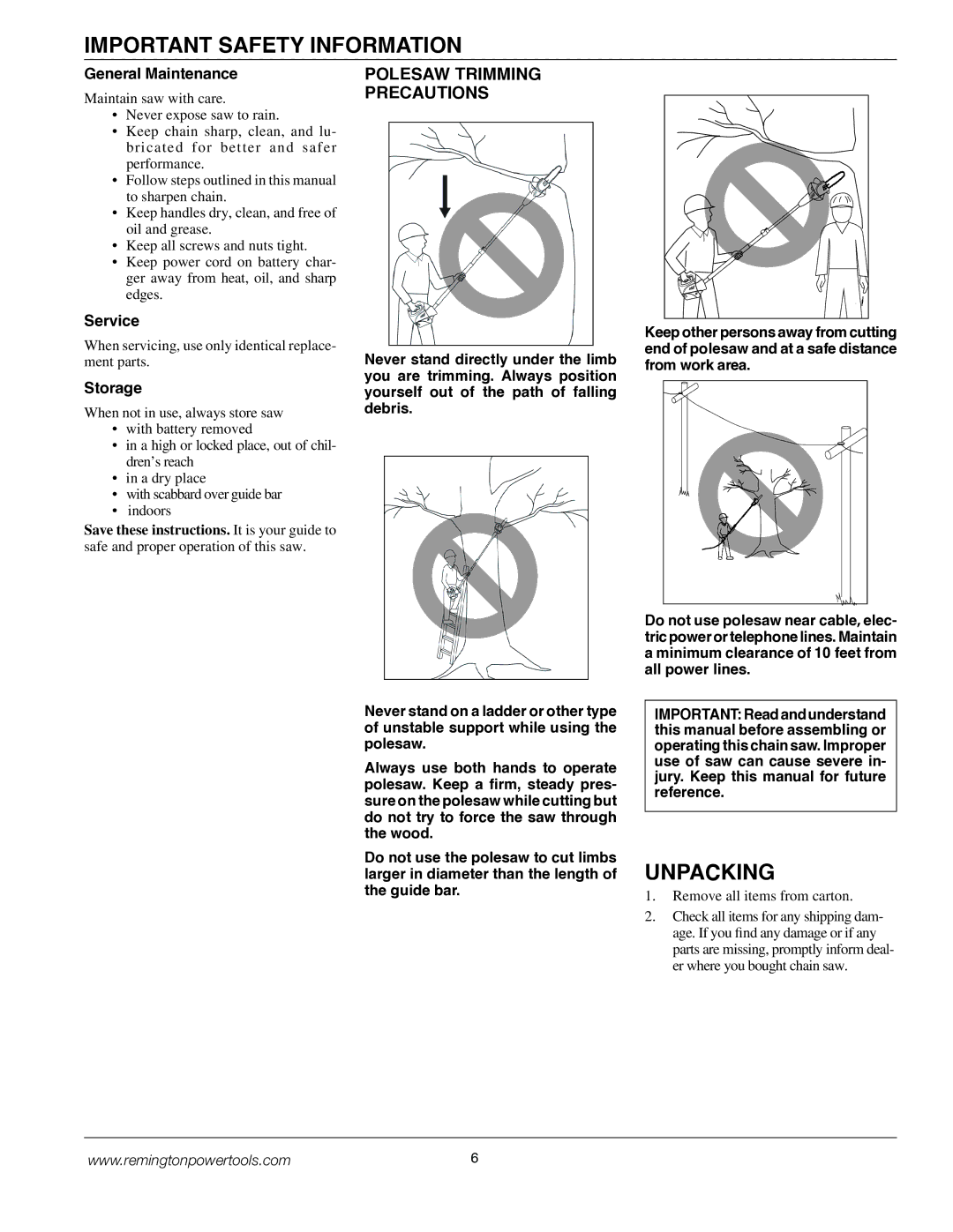 Remington BPS188A, BS188A owner manual Unpacking, Polesaw Trimming Precautions, General Maintenance, Service, Storage 