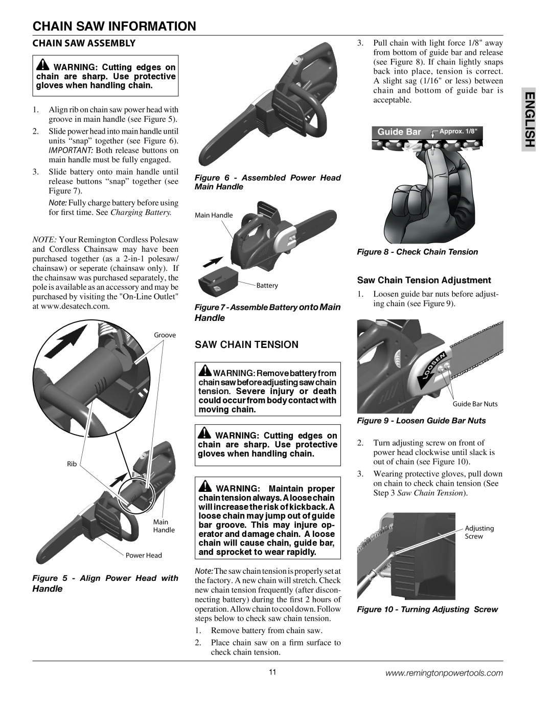 Remington BS188A, BPS188A owner manual Chain Saw Information, English, Chain Saw Assembly, Saw Chain Tension, Handle 