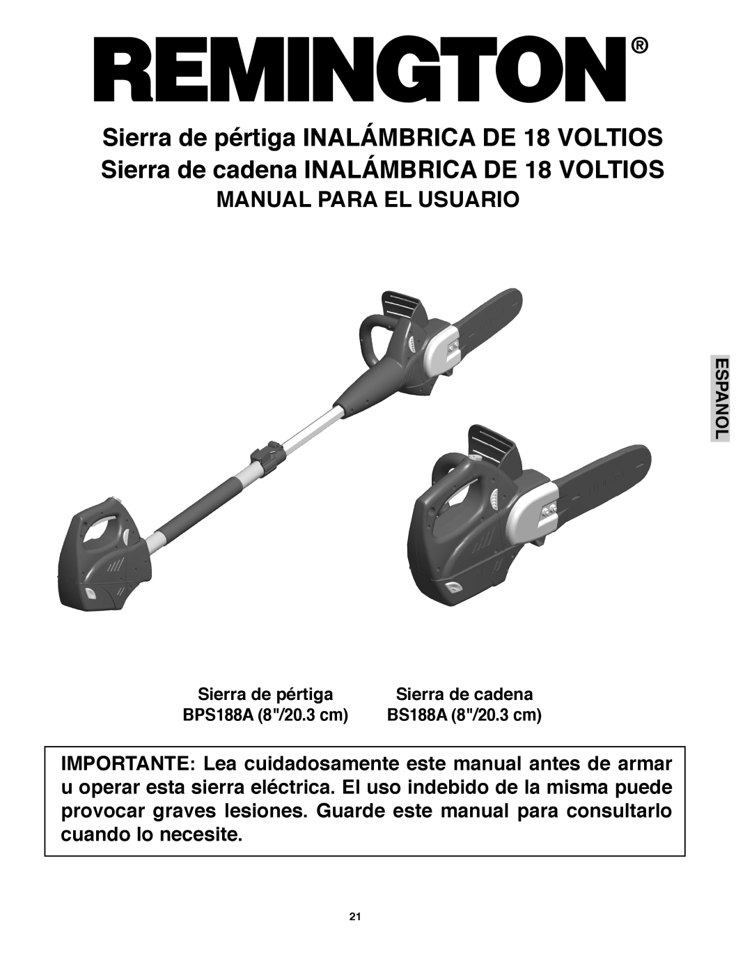 Remington Manual Para El Usuario, Español, Sierra de pértiga, Sierra de cadena, BPS188A 8/20.3 cm, BS188A 8/20.3 cm 