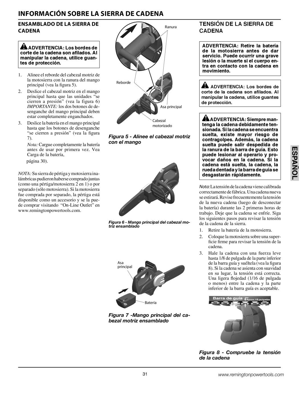 Remington BS188A, BPS188A owner manual Información Sobre La Sierra De Cadena, Español, Ensamblado De La Sierra De Cadena 