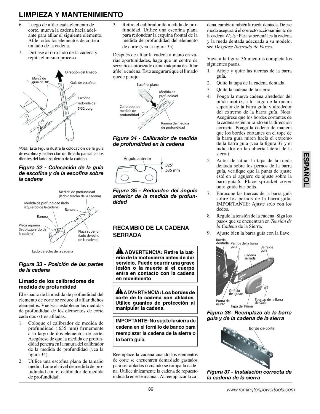 Remington BS188A, BPS188A owner manual Limpieza Y Mantenimiento, Español, Recambio De La Cadena Serrada 