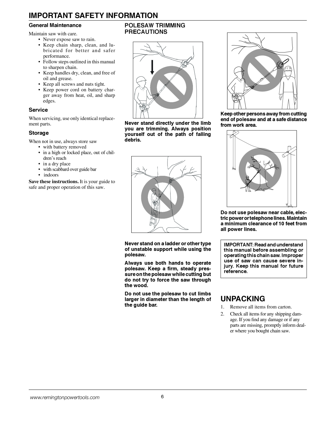 Remington BPS188A Important Safety Information, Unpacking, Polesaw Trimming Precautions, General Maintenance, Service 