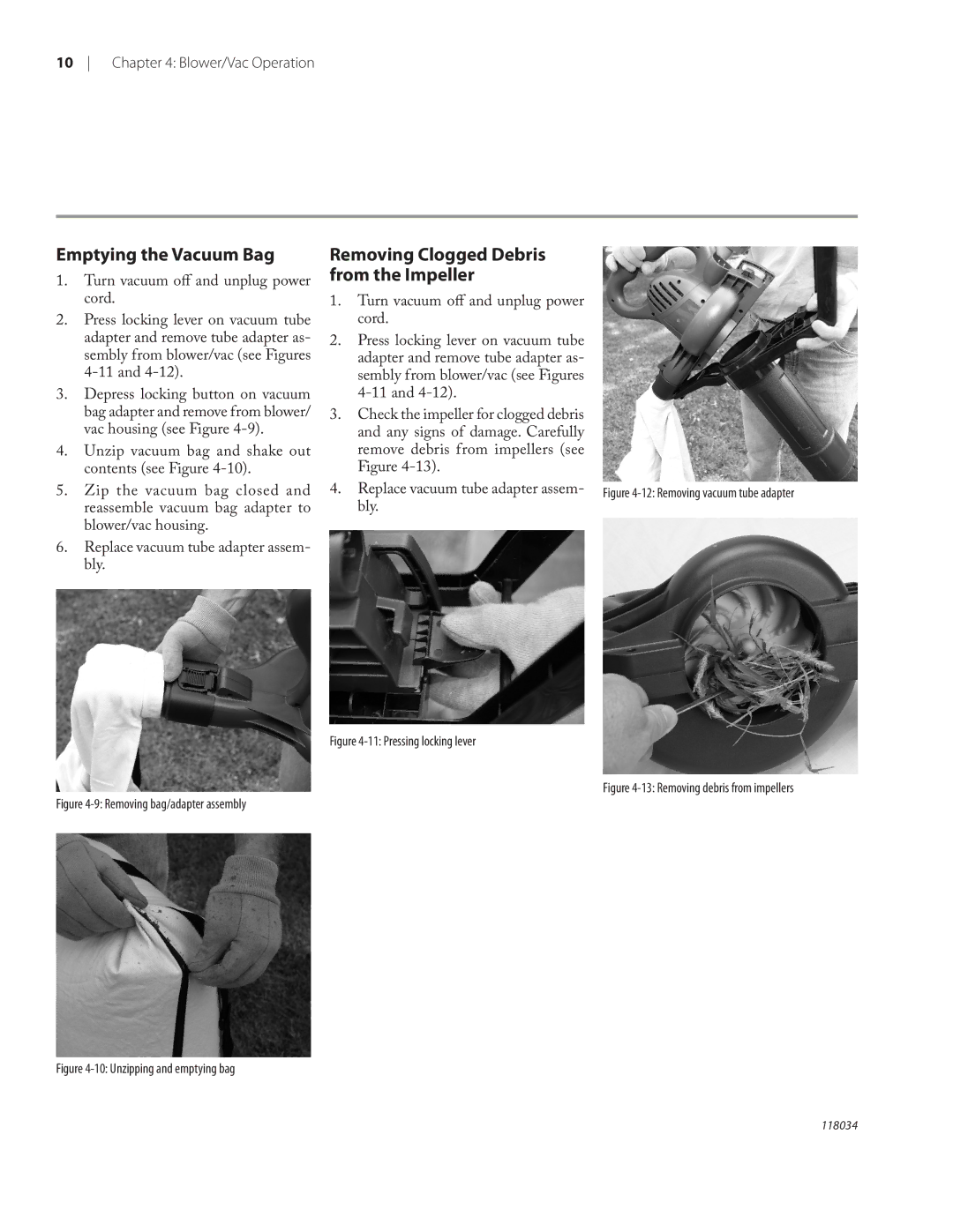 Remington BV12199A owner manual Emptying the Vacuum Bag, Removing Clogged Debris from the Impeller, Bly 