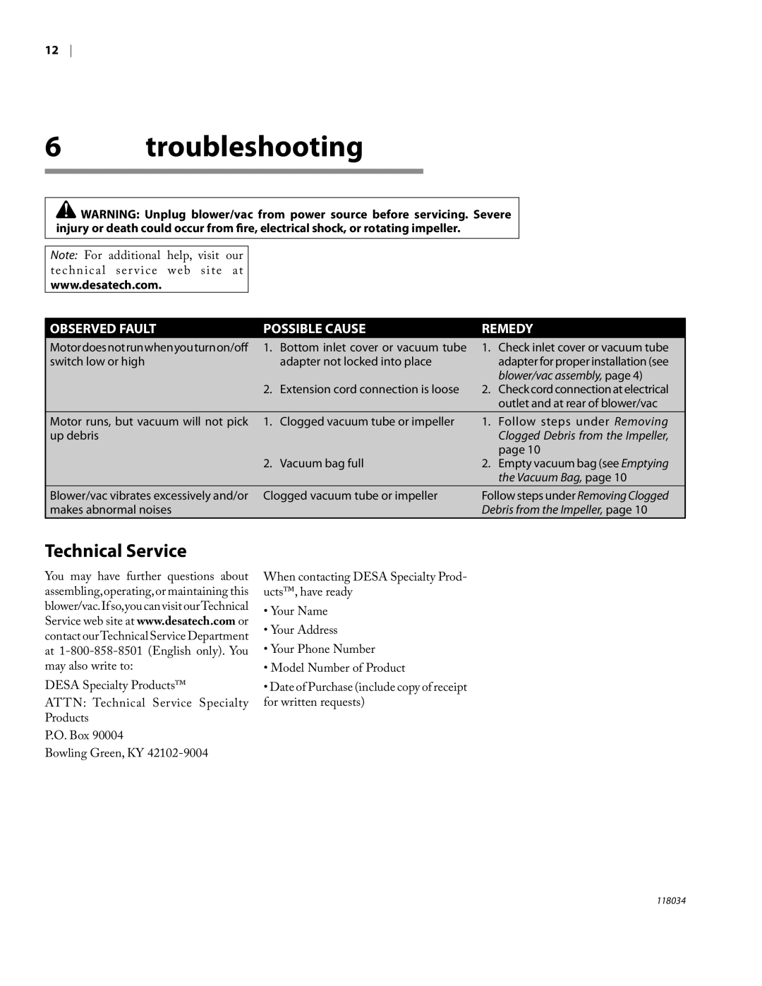 Remington BV12199A owner manual Troubleshooting, Technical Service 