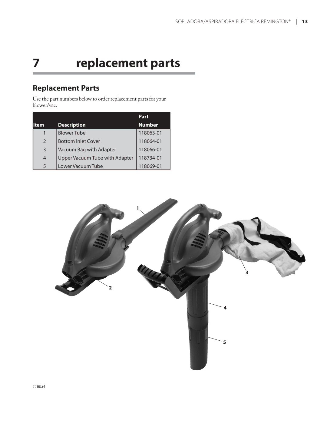 Remington BV12199A owner manual Replacement parts, Replacement Parts, Description Number 