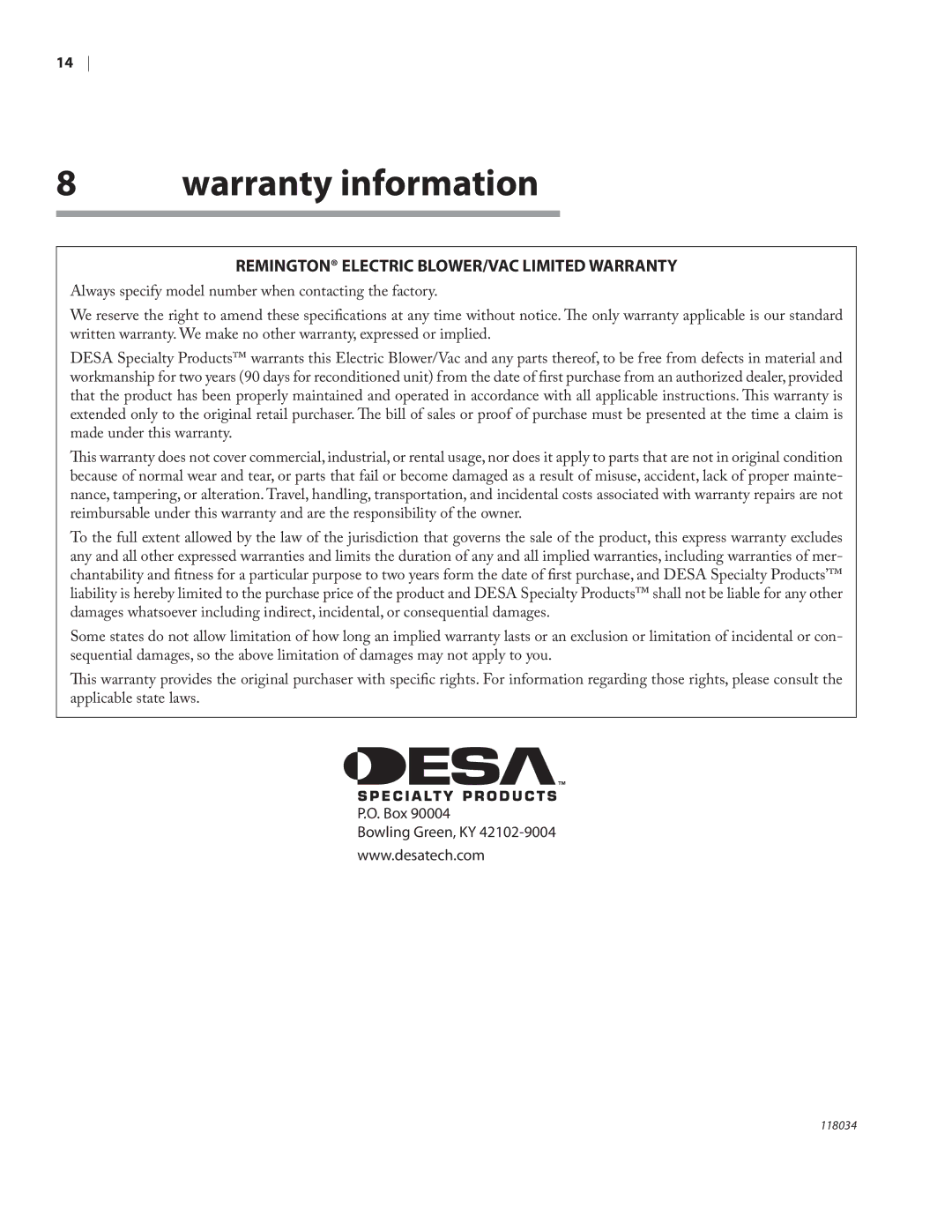 Remington BV12199A owner manual Warranty information, Remington Electric BLOWER/VAC Limited Warranty 